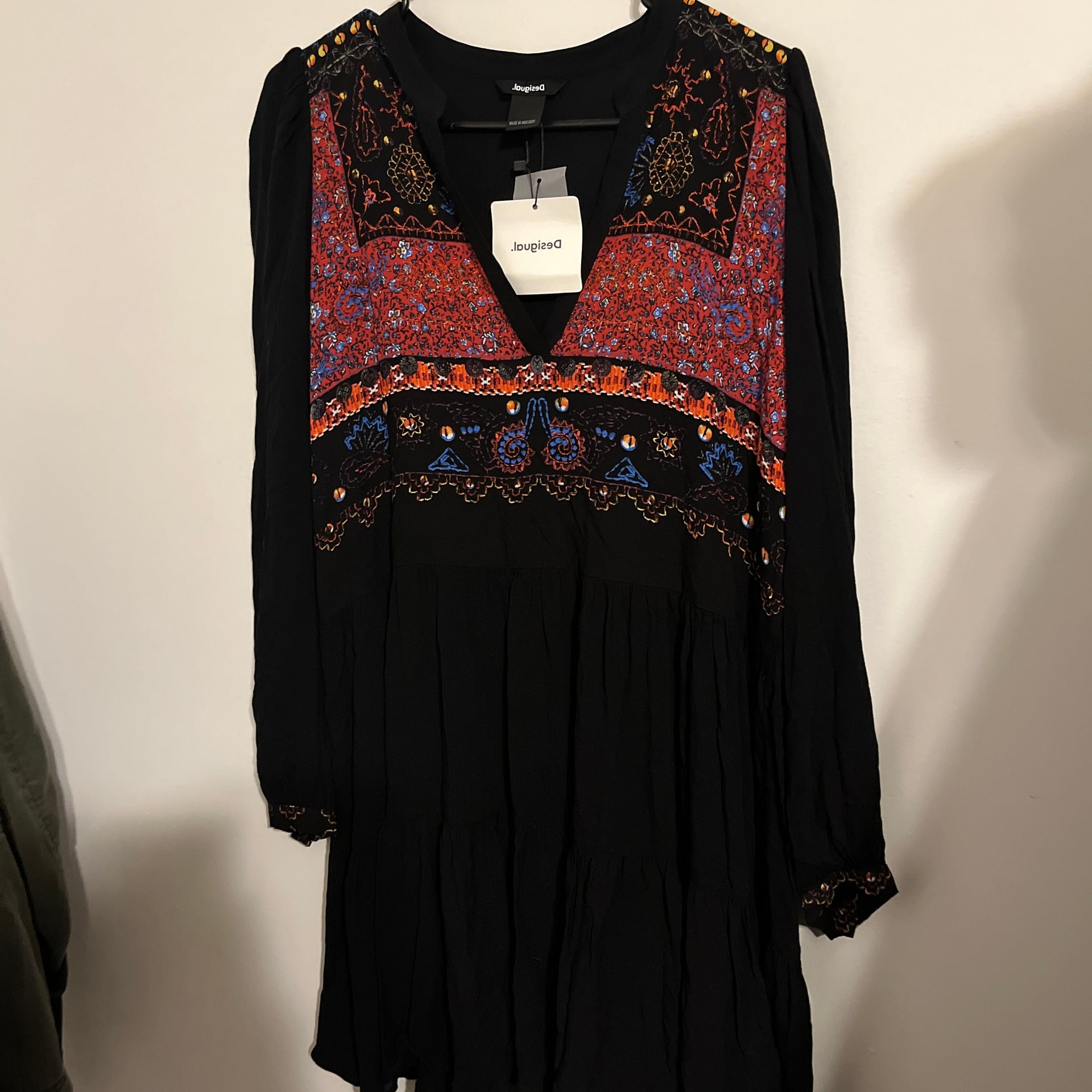 Desigual Black Viscose Embroidered Boho Tiered Short Dress 2