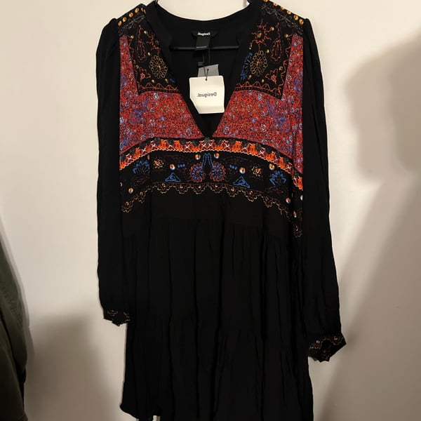 Desigual Black Viscose Embroidered Boho Tiered Short Dress