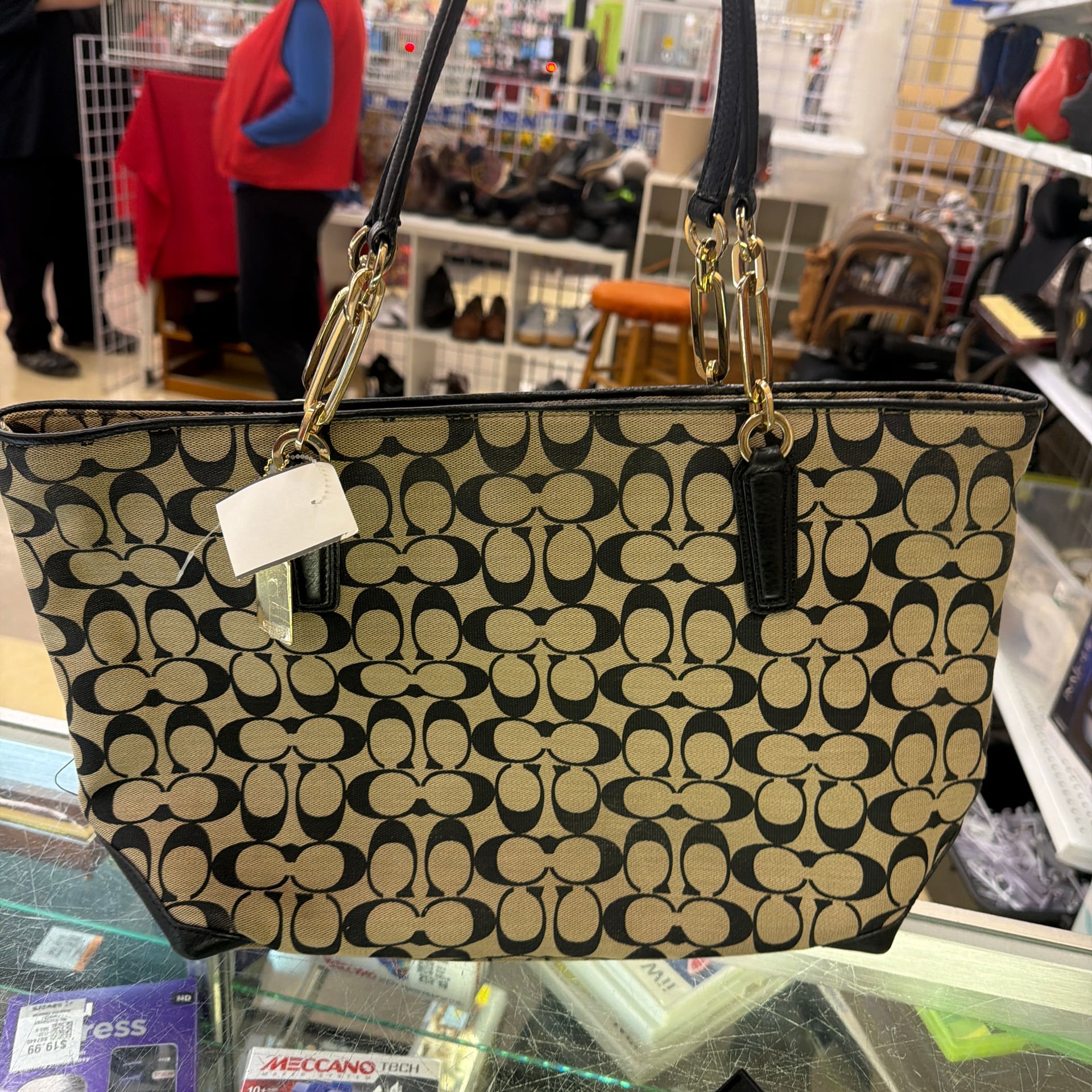 Coach Legacy Weekend Signature Shopper Tote Bag Khaki Black Canvas 1