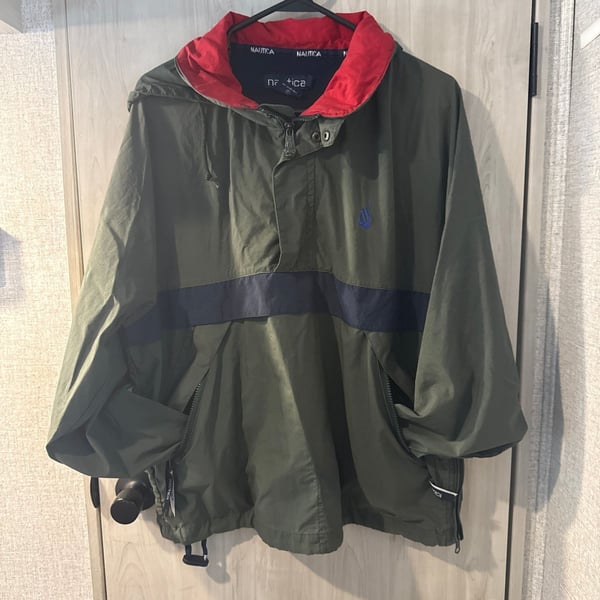Vintage Nautica Olive Green, Navy Colorblock Anorak Pullover Windbreaker Jacket