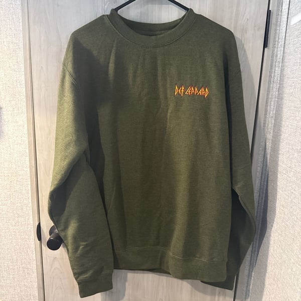 Def Leppard Small Embroidered Logo Olive Green Crewneck Sweatshirt