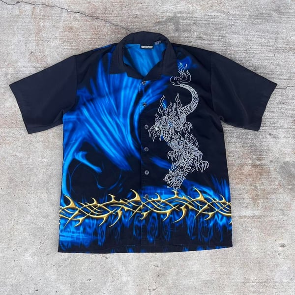 Vintage Y2K ODO Dragon and Blue Flame Tribal Button Up Shirt