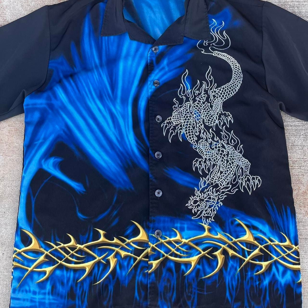 Vintage Y2K ODO Dragon and Blue Flame Tribal Button Up Shirt 3