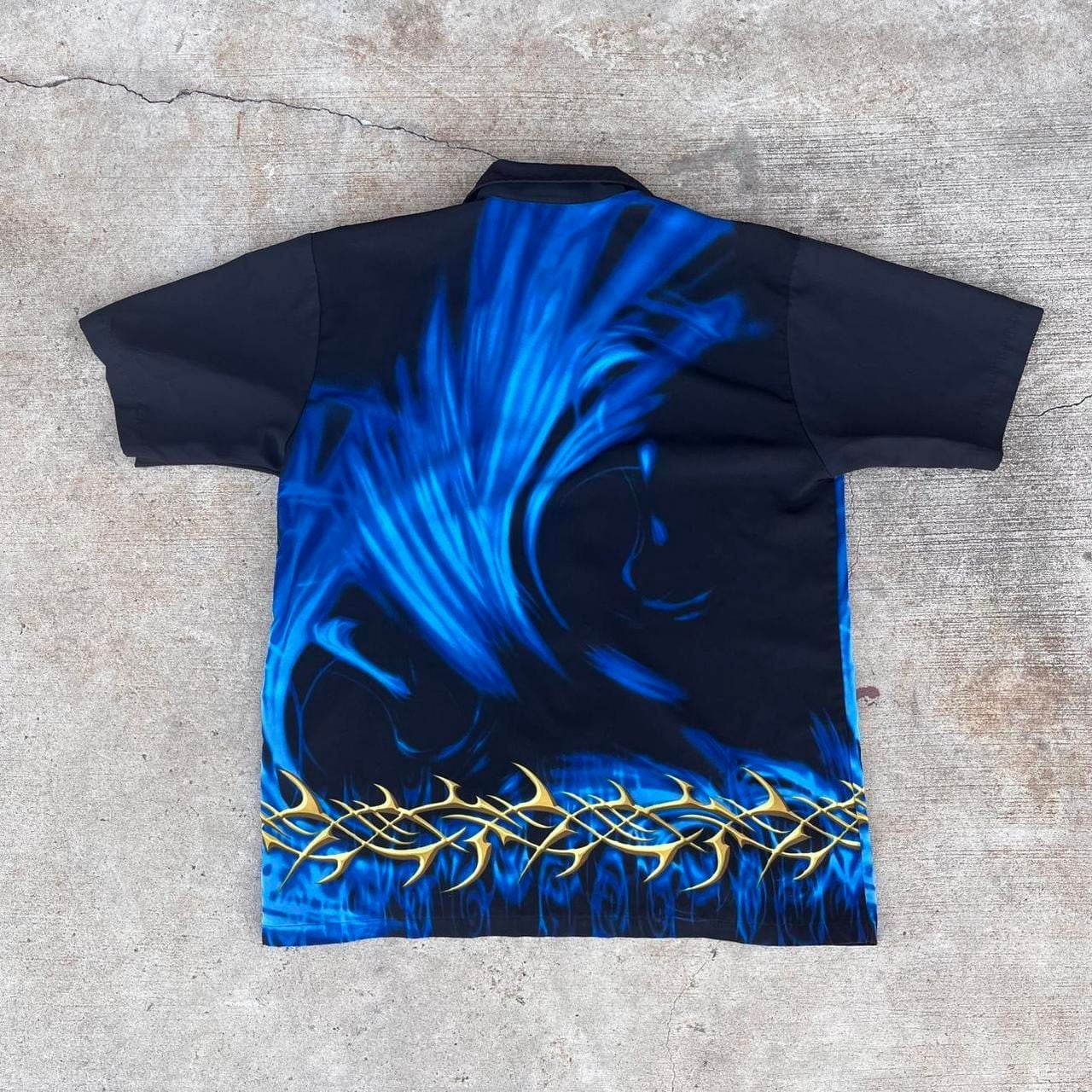 Vintage Y2K ODO Dragon and Blue Flame Tribal Button Up Shirt 5