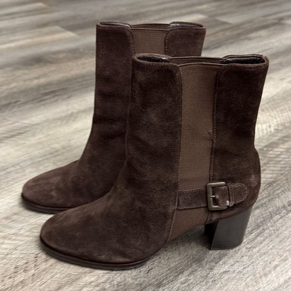 COLE HAAN Mid-Calf Boots Booties Sz. 9b Suede Dark Brown Leather Chunky Heel