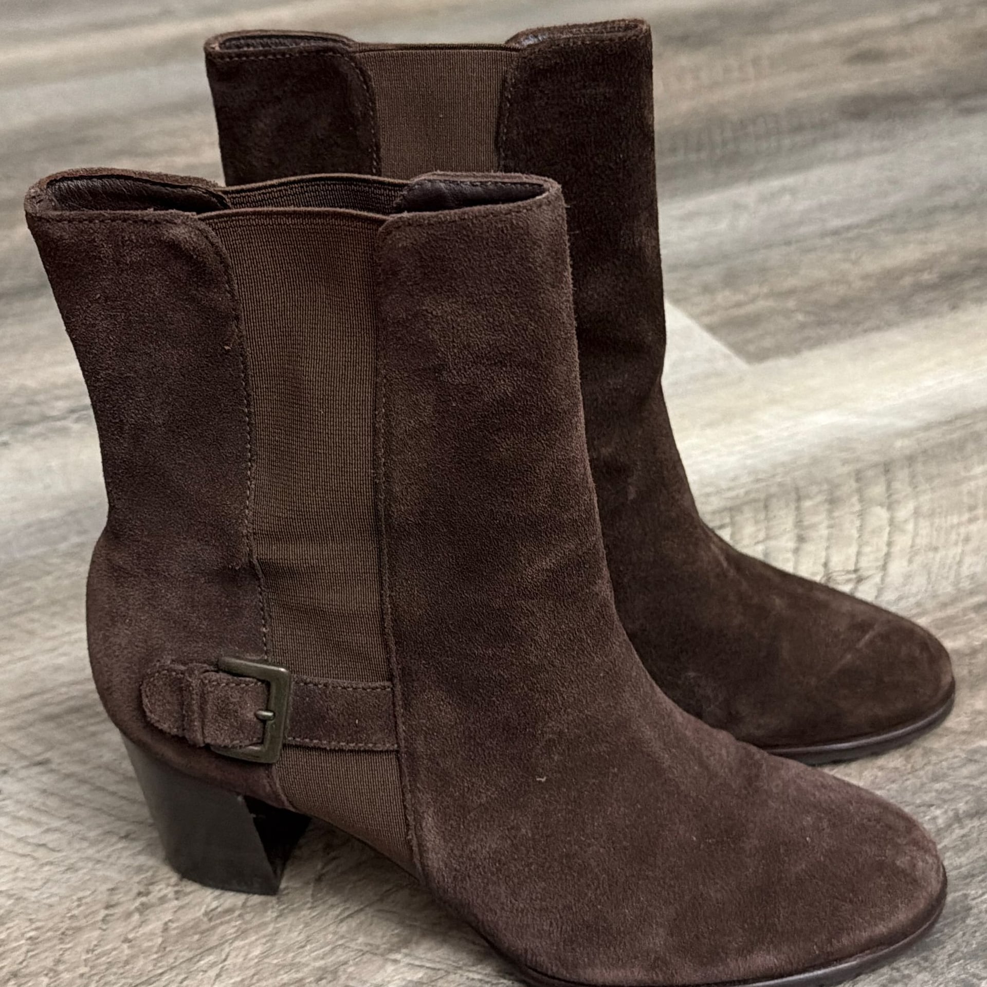 COLE HAAN Mid-Calf Boots Booties Sz. 9b Suede Dark Brown Leather Chunky Heel 3