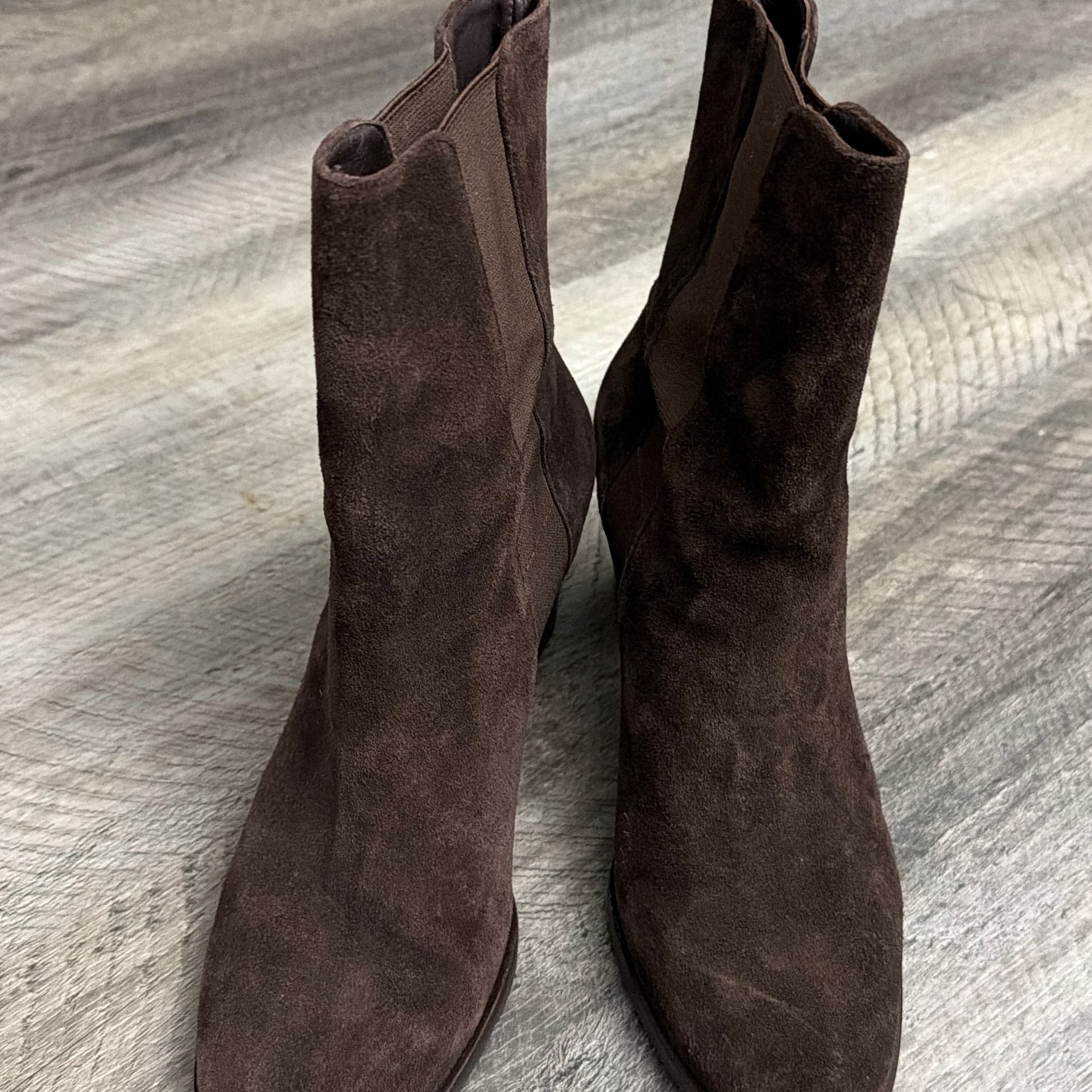 COLE HAAN Mid-Calf Boots Booties Sz. 9b Suede Dark Brown Leather Chunky Heel 4