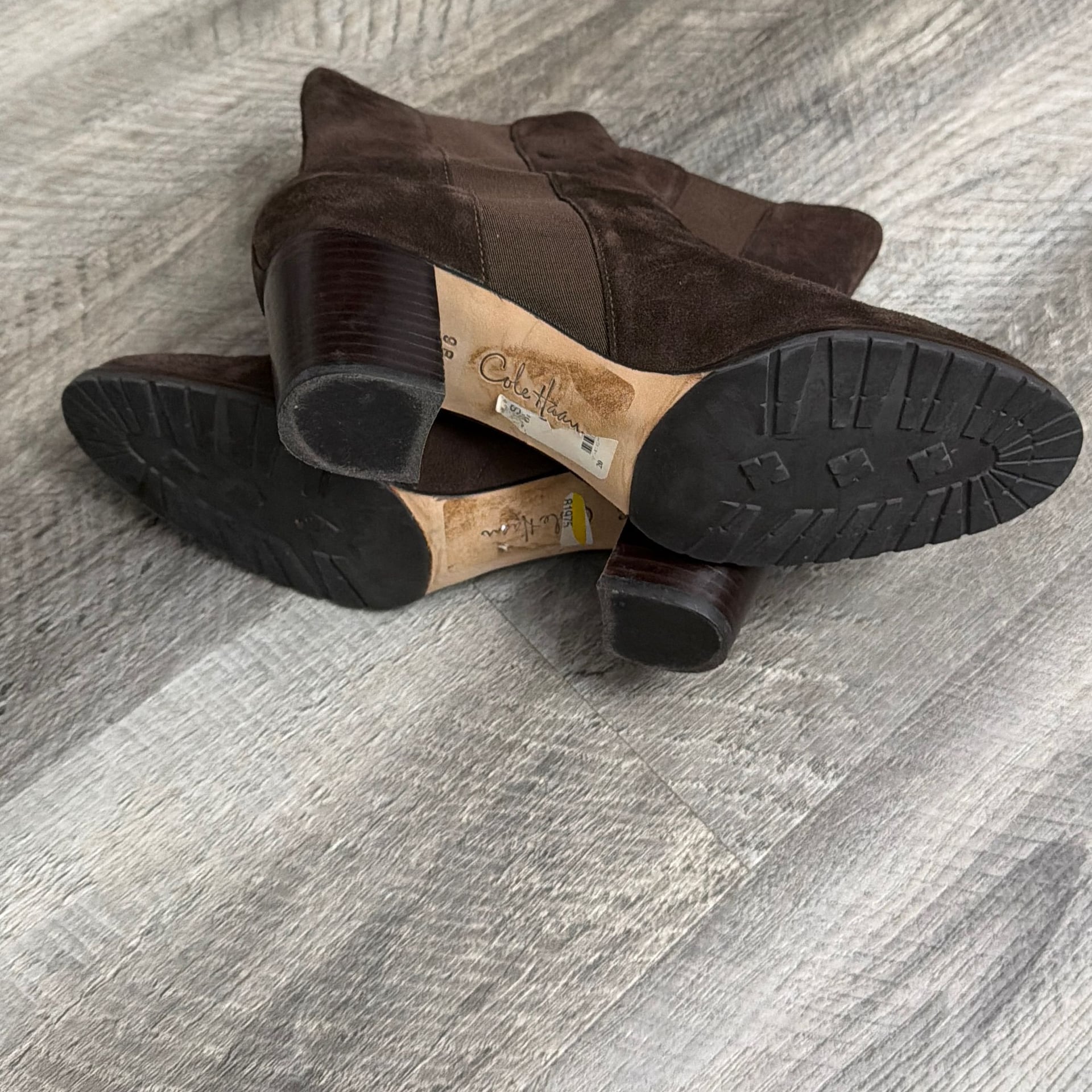 COLE HAAN Mid-Calf Boots Booties Sz. 9b Suede Dark Brown Leather Chunky Heel 5