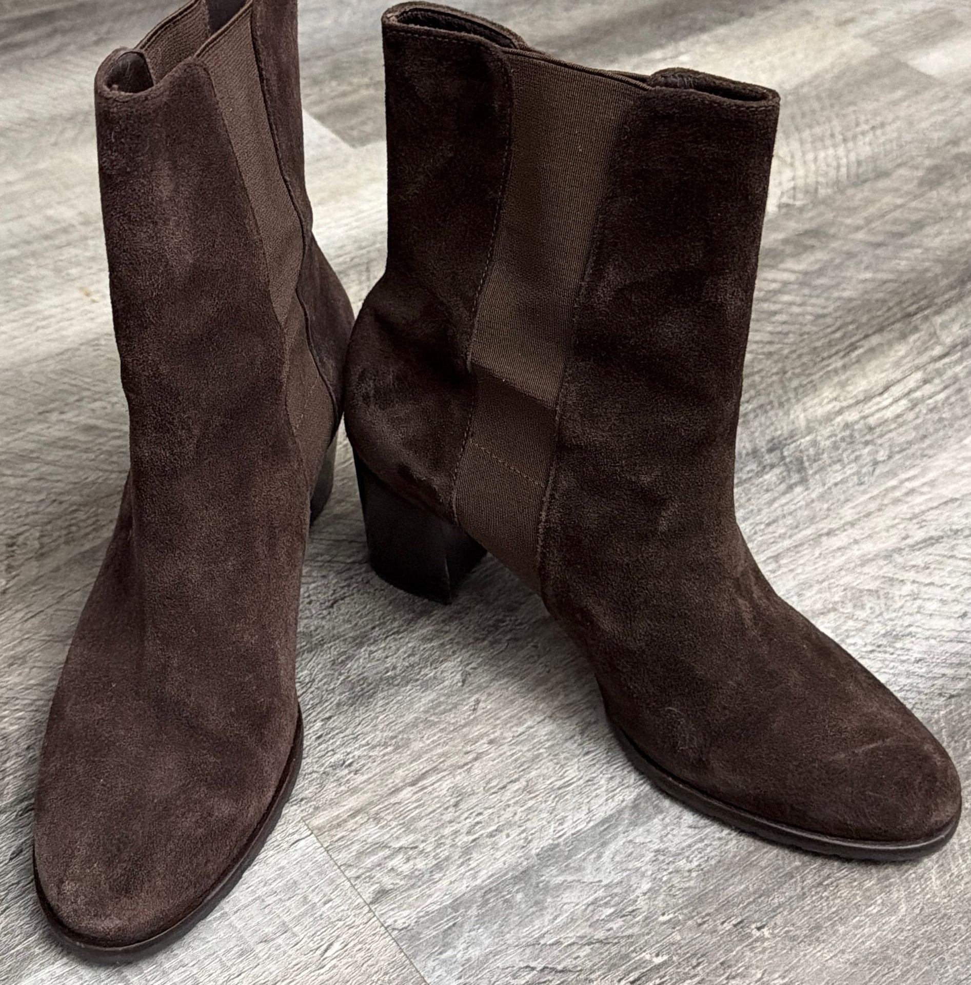 COLE HAAN Mid-Calf Boots Booties Sz. 9b Suede Dark Brown Leather Chunky Heel 6