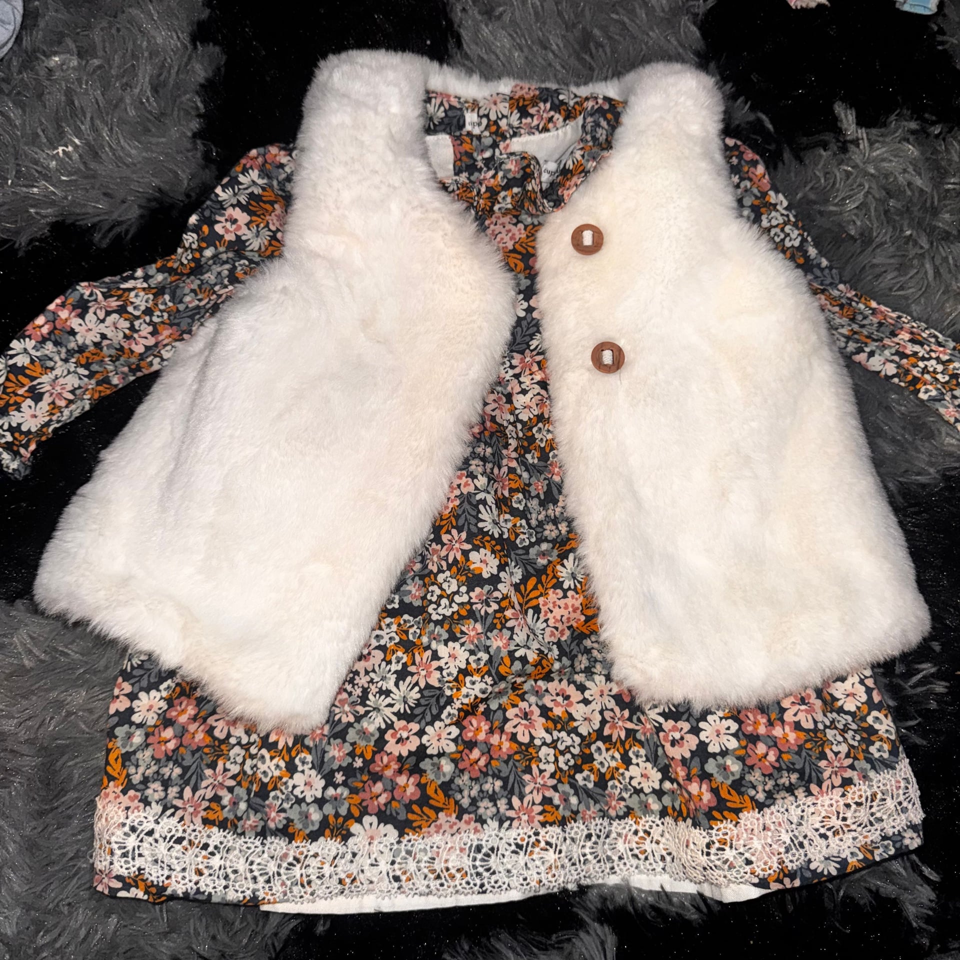 cupcakes and cashmere Baby Girl Floral Dress and Faux Fur Vest Set 1
