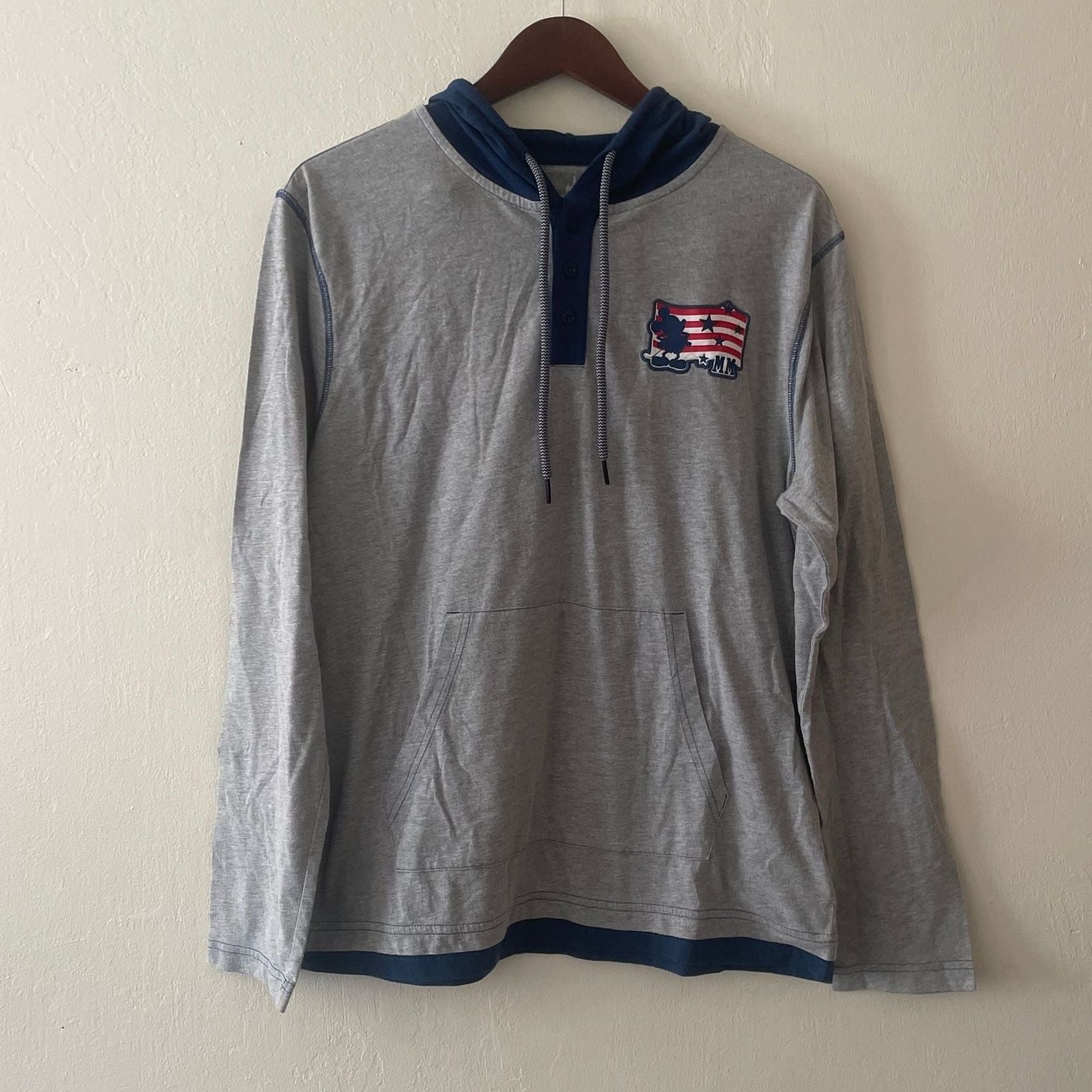 Disney Mickey Mouse Patriotic Henley Hoodie Grey/Navy Size M 1