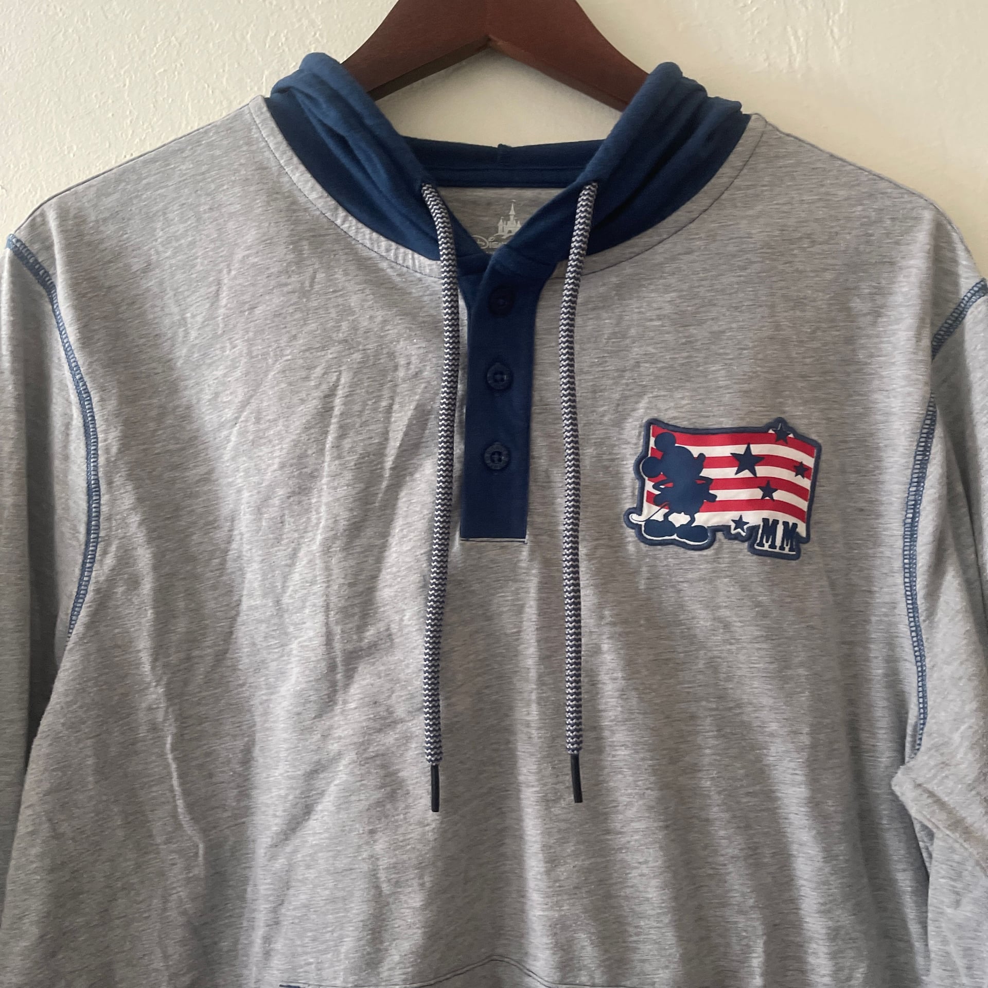 Disney Mickey Mouse Patriotic Henley Hoodie Grey/Navy Size M 4