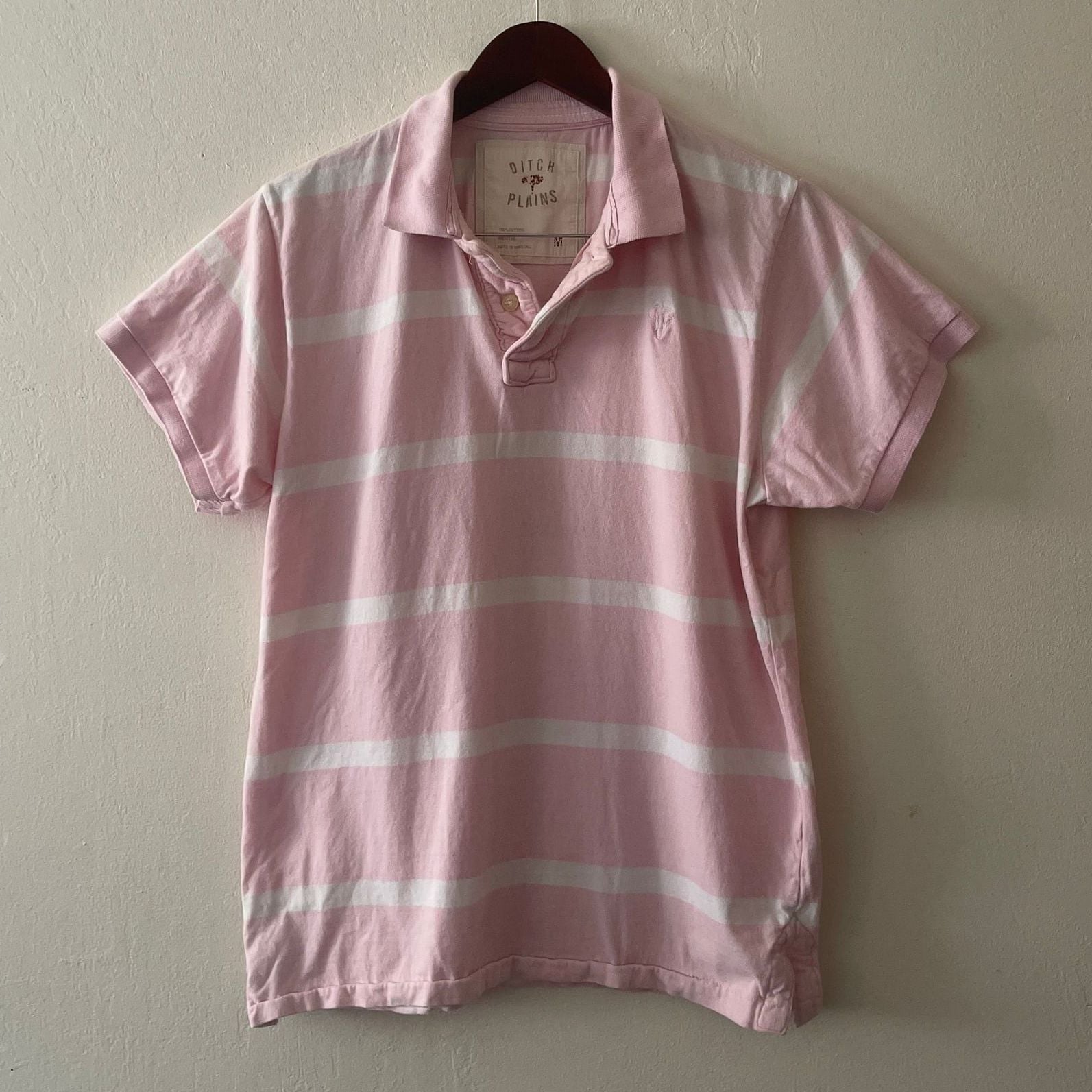 Ditch Plains Pink and White Striped Polo Shirt, Size Medium 2