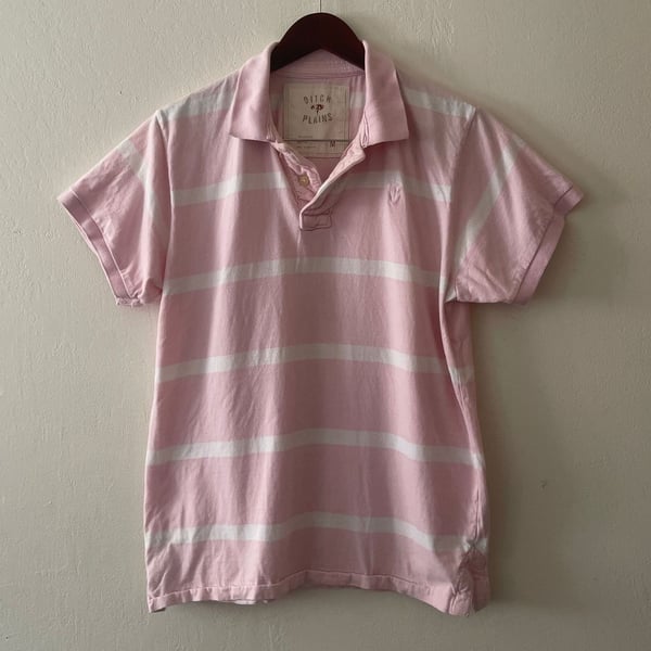 Ditch Plains Pink and White Striped Polo Shirt, Size Medium