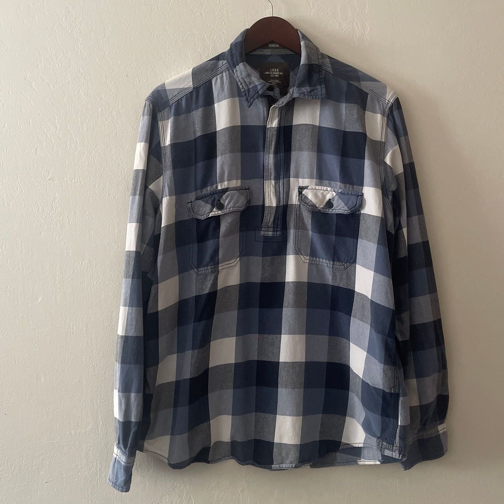 H&M L.O.G.G. Men's Blue Plaid Flannel Pullover Quarter Zip Shirt, Size L 1