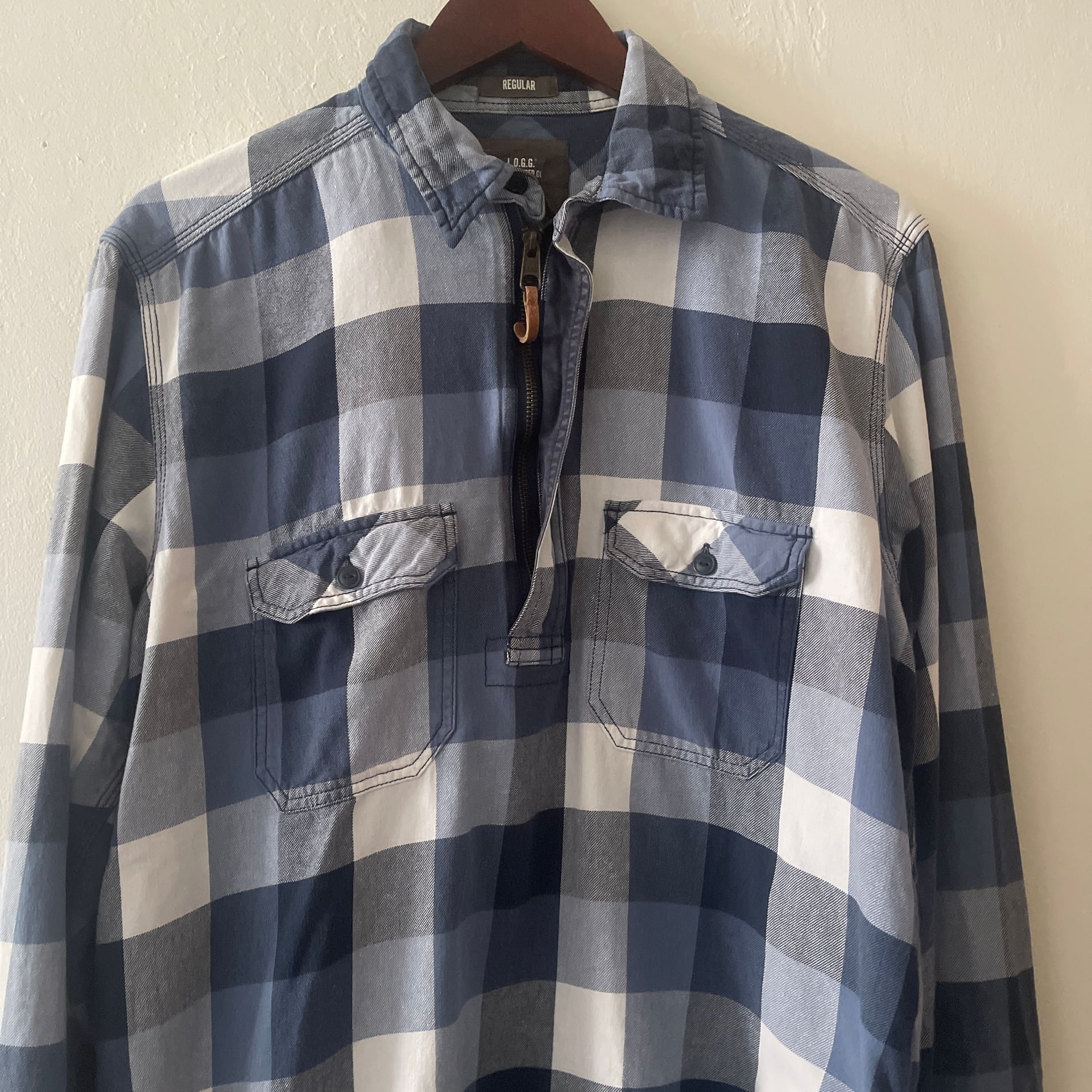 H&M L.O.G.G. Men's Blue Plaid Flannel Pullover Quarter Zip Shirt, Size L 4