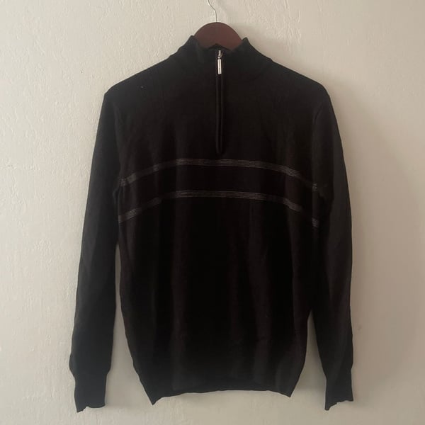 Geoffrey Beene Quarter-Zip Pullover Sweater, Black with Grey Stripes, Size S