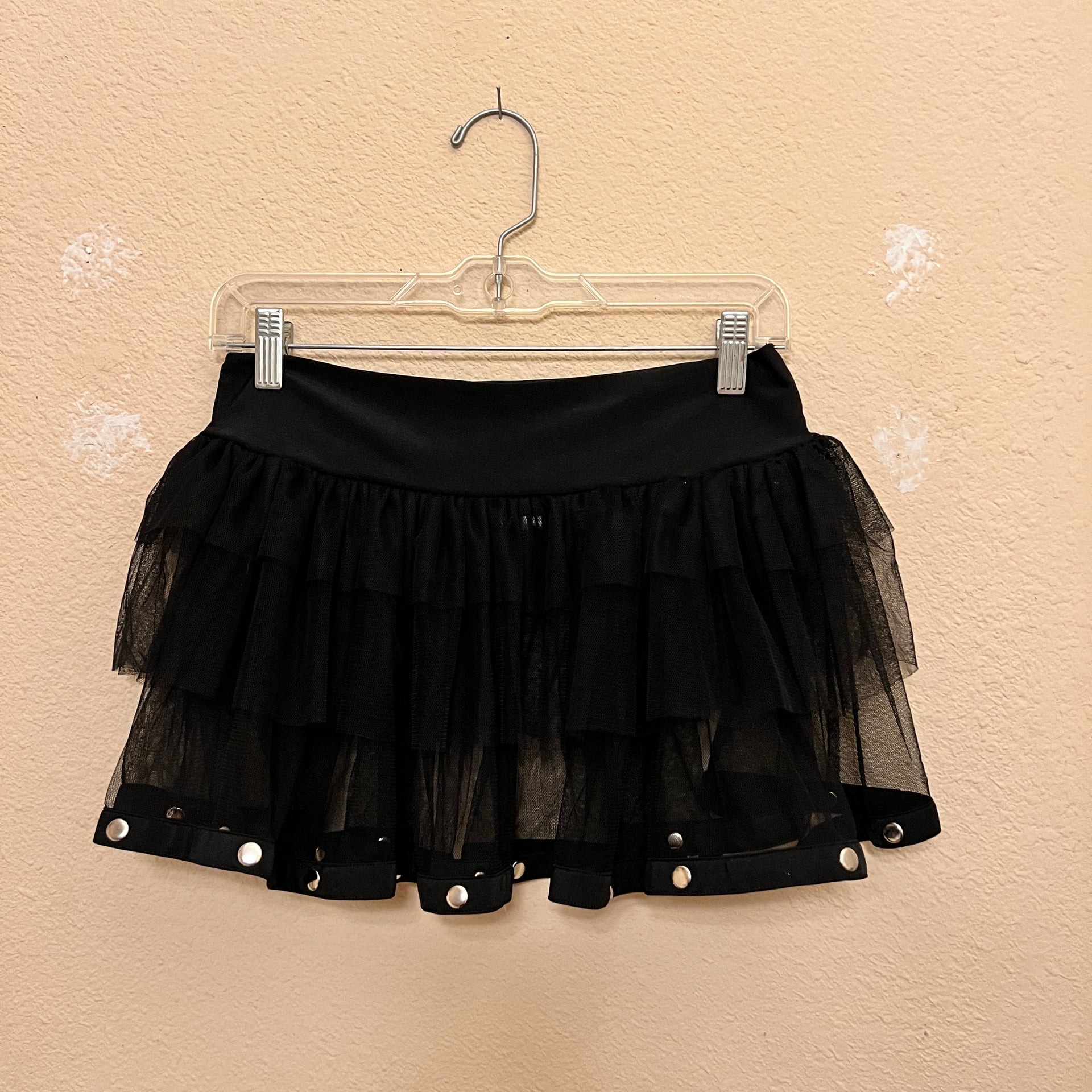 Dreamgirl Vintage Y2K Goth Tiered Black Mesh Tutu Mini Skirt with Grommet Detail 2