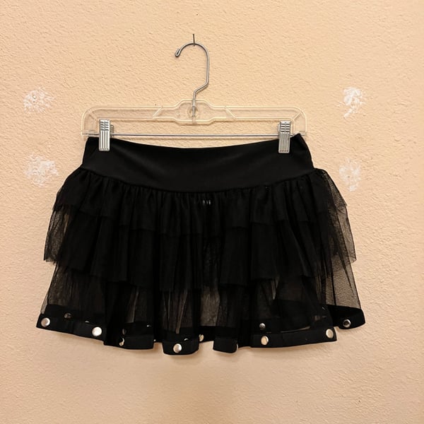 Dreamgirl Vintage Y2K Goth Tiered Black Mesh Tutu Mini Skirt with Grommet Detail