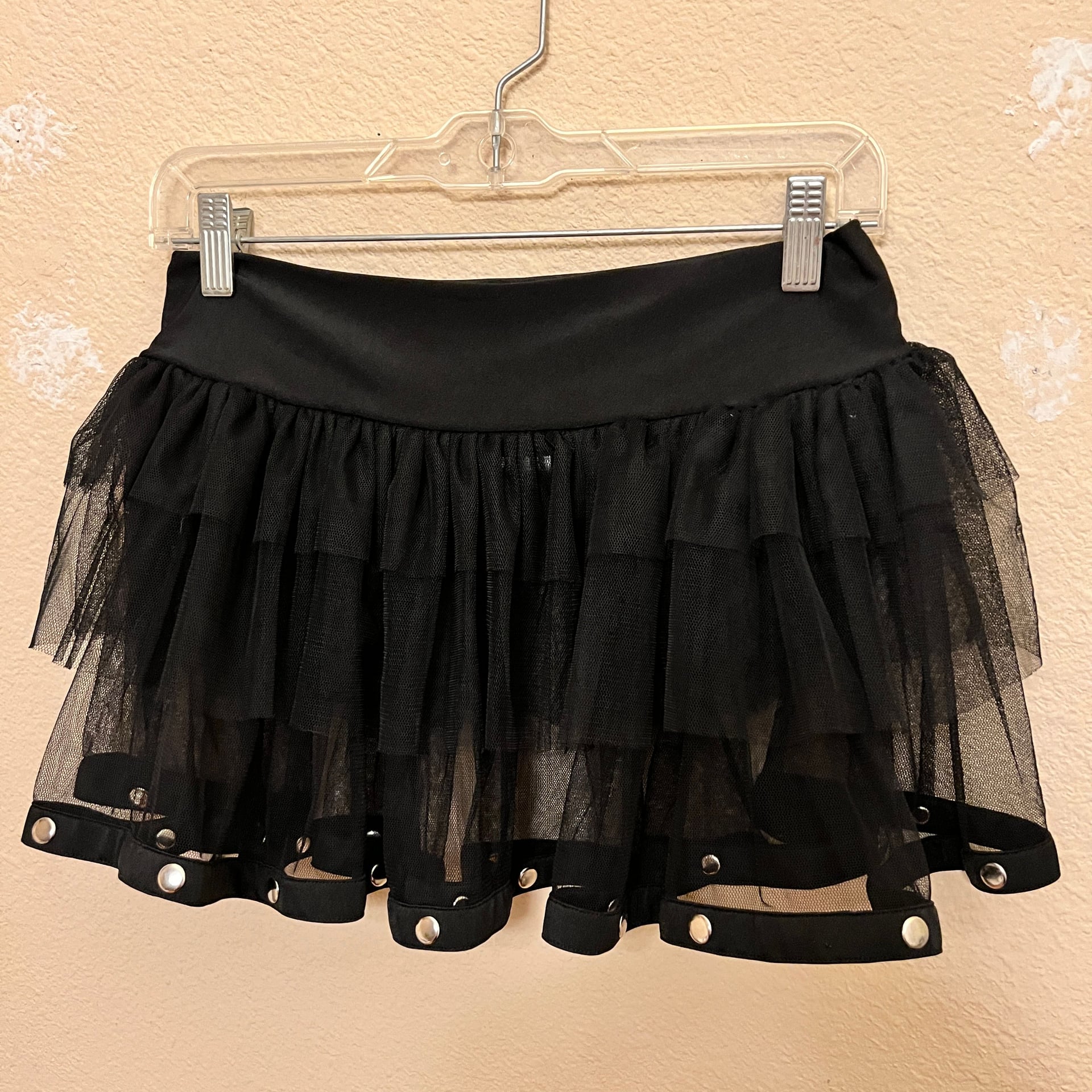 Dreamgirl Vintage Y2K Goth Tiered Black Mesh Tutu Mini Skirt with Grommet Detail 3