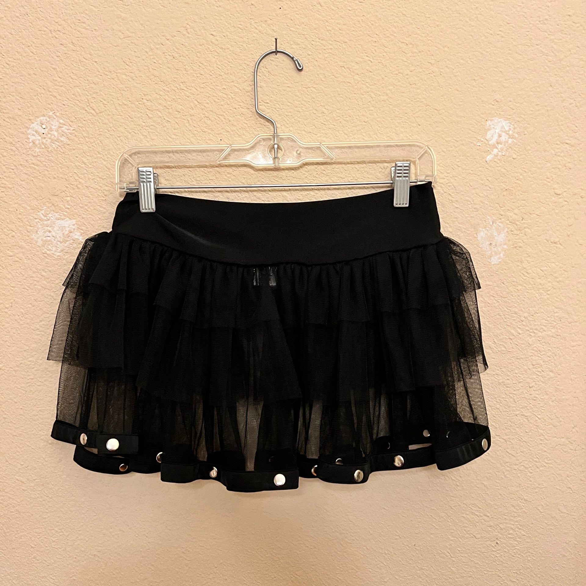 Dreamgirl Vintage Y2K Goth Tiered Black Mesh Tutu Mini Skirt with Grommet Detail 4