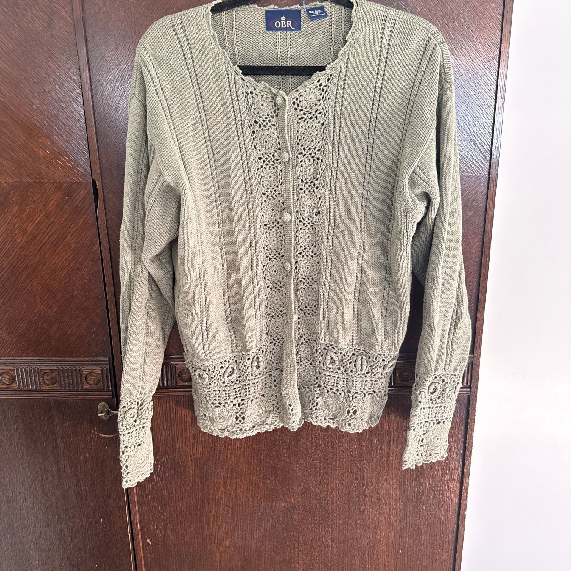 Green Crochet Flower Knit Long Sleeve Button Cotton Blend Cardigan S M Vtg Cute 1