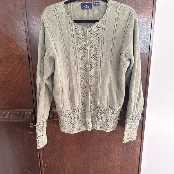 Green Crochet Flower Knit Long Sleeve Button Cotton Blend Cardigan S M Vtg Cute