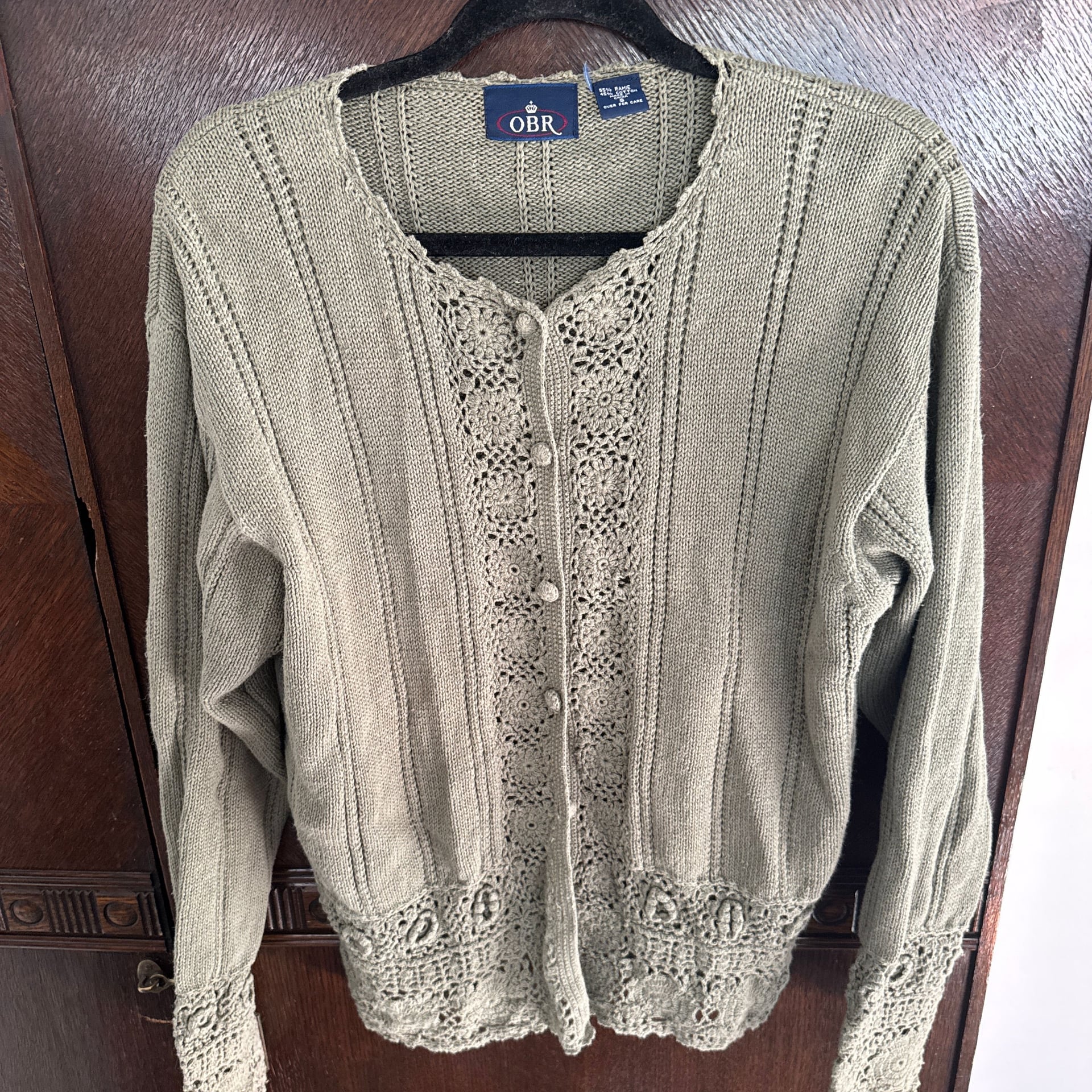 Green Crochet Flower Knit Long Sleeve Button Cotton Blend Cardigan S M Vtg Cute 2