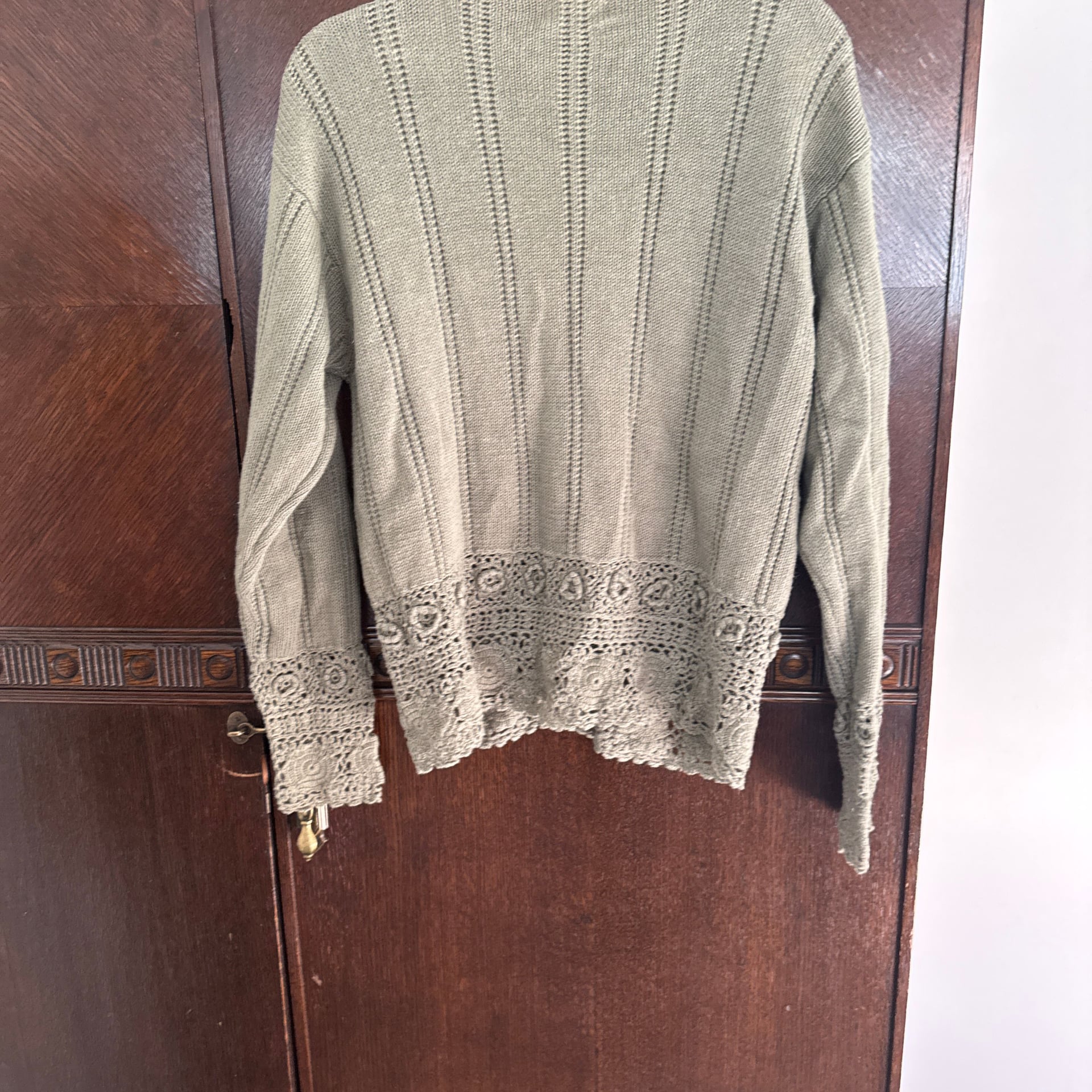Green Crochet Flower Knit Long Sleeve Button Cotton Blend Cardigan S M Vtg Cute 4