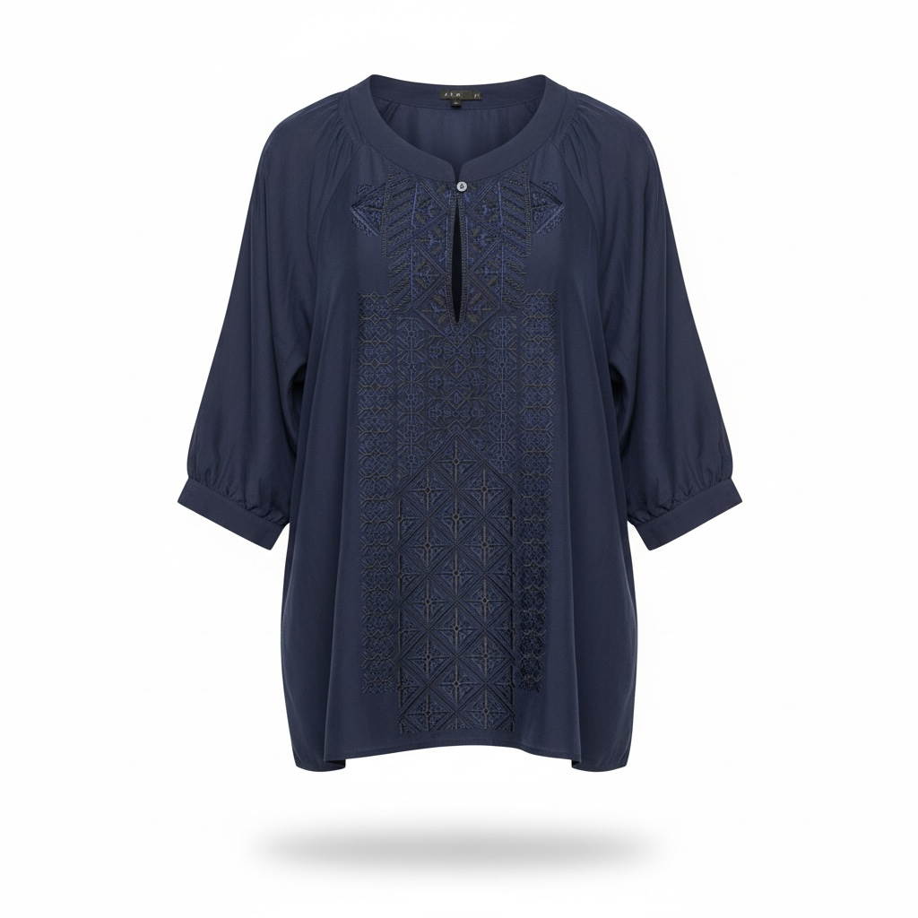 Theory Reiba 100% Silk Navy Blue Embroidered 3/4 Sleeve Tunic Blouse Medium 2