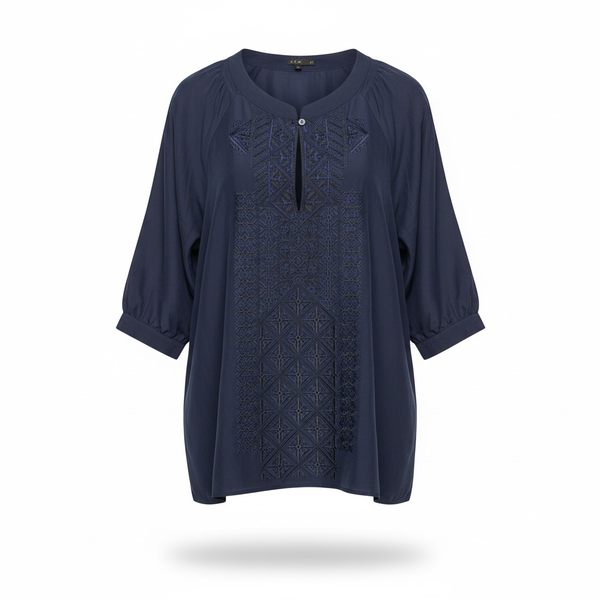 Theory Reiba 100% Silk Navy Blue Embroidered 3/4 Sleeve Tunic Blouse Medium 