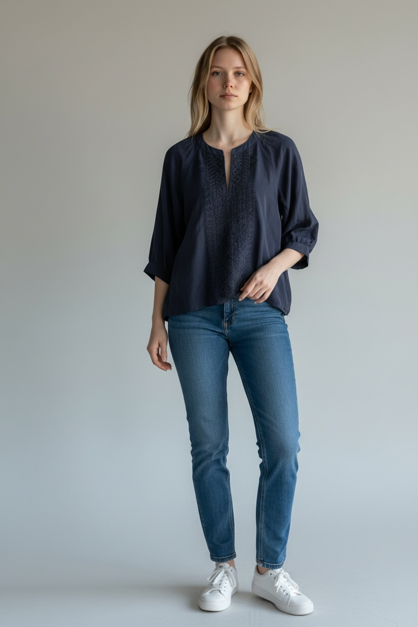 Theory Reiba 100% Silk Navy Blue Embroidered 3/4 Sleeve Tunic Blouse Medium 3