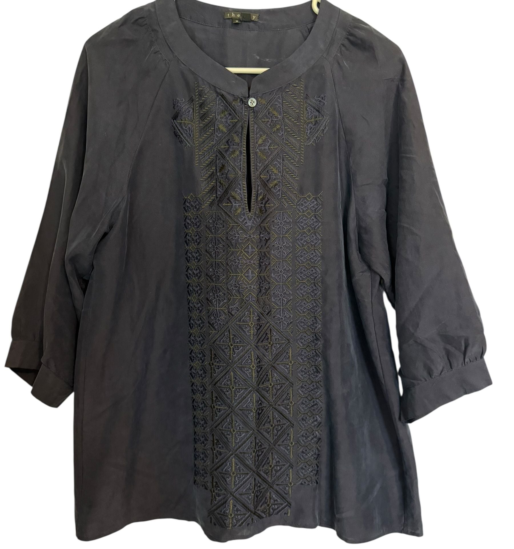Theory Reiba 100% Silk Navy Blue Embroidered 3/4 Sleeve Tunic Blouse Medium 5