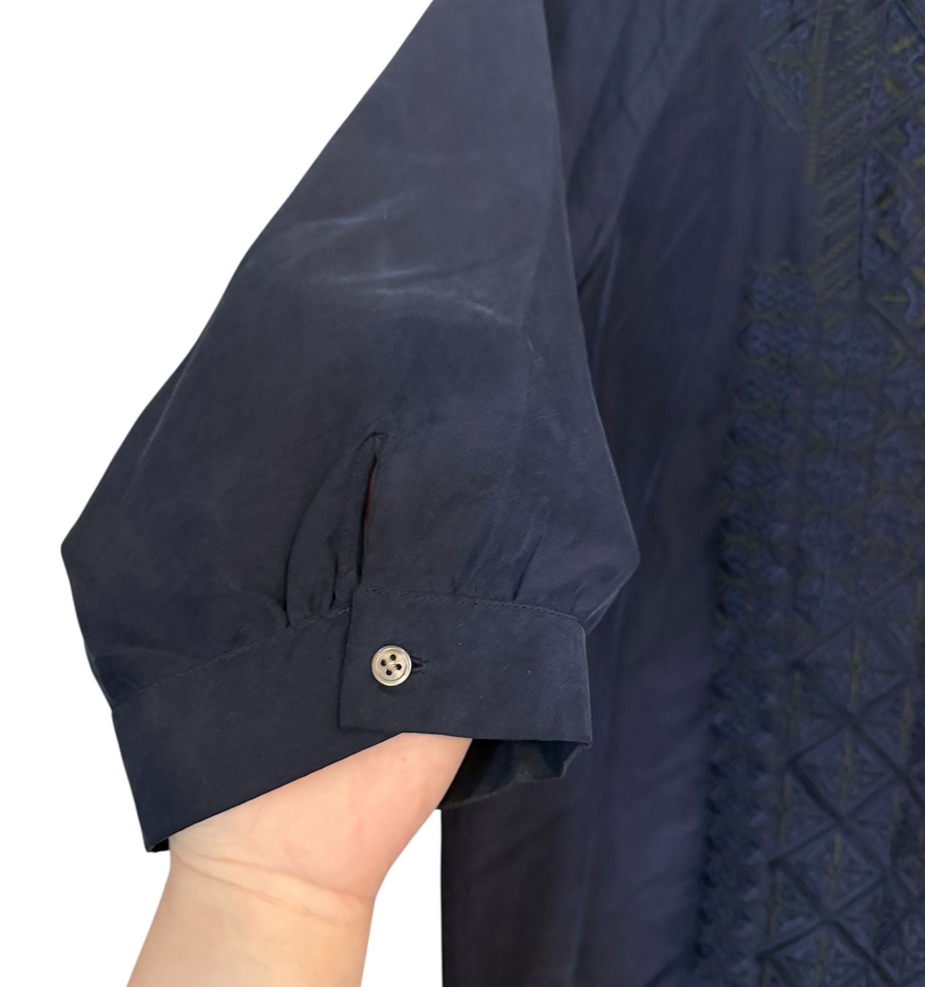 Theory Reiba 100% Silk Navy Blue Embroidered 3/4 Sleeve Tunic Blouse Medium 11