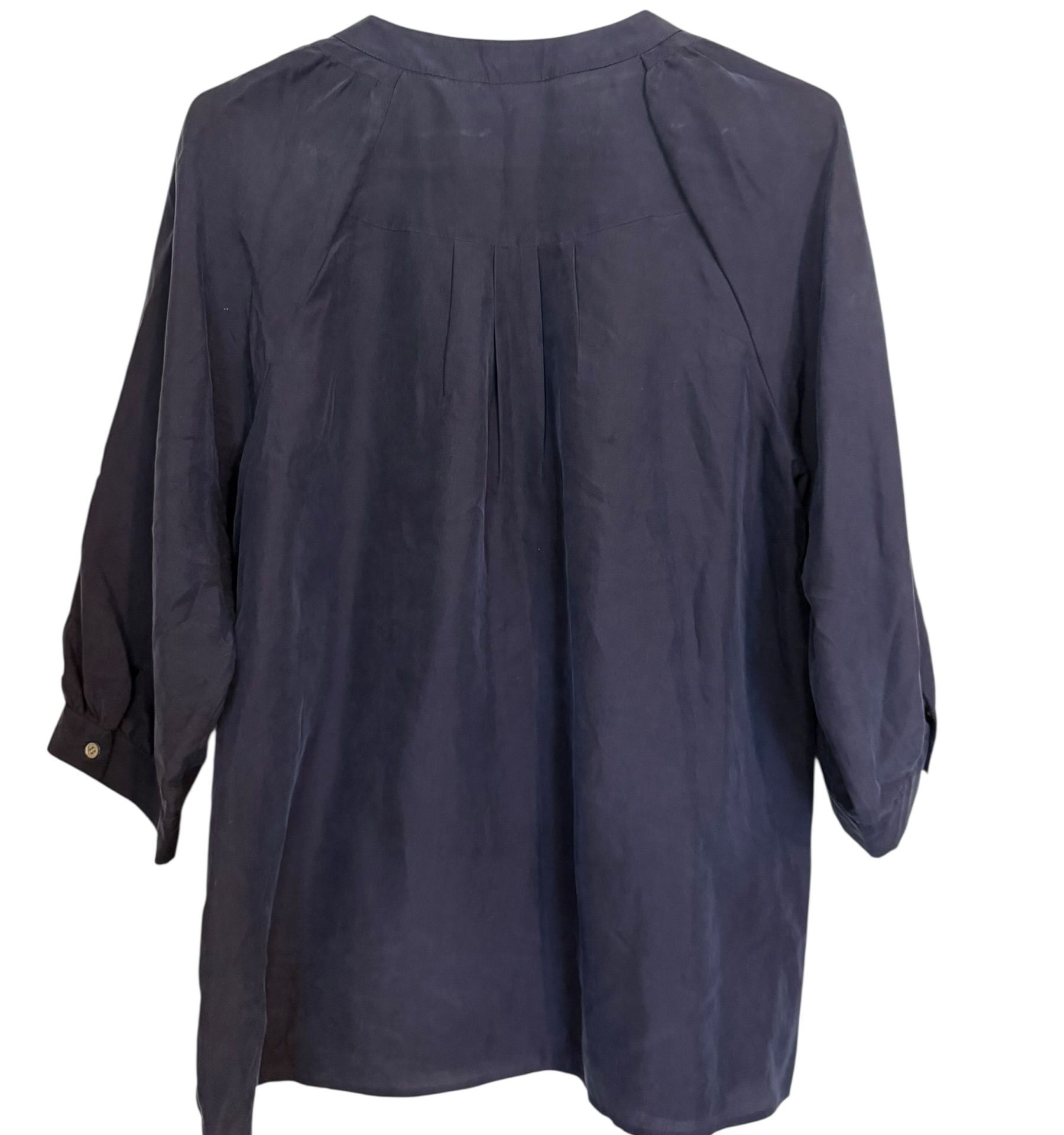Theory Reiba 100% Silk Navy Blue Embroidered 3/4 Sleeve Tunic Blouse Medium 12