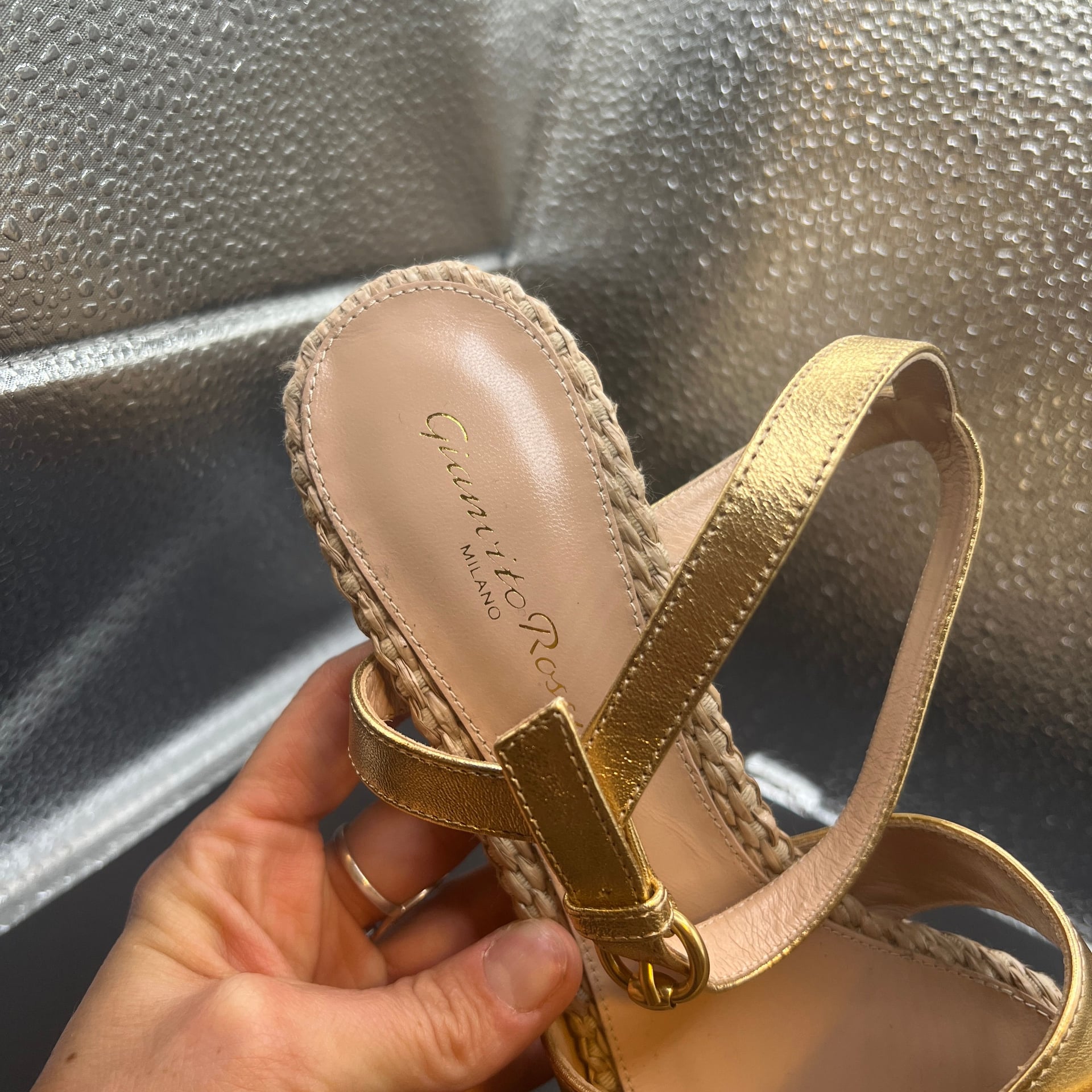 Gianvito Rossi Bebe Metallic Gold Leather and Raffia Platform Sandals 9