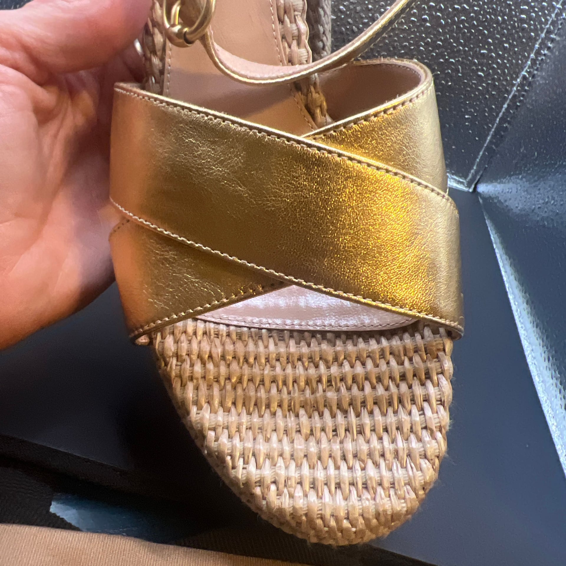 Gianvito Rossi Bebe Metallic Gold Leather and Raffia Platform Sandals 10