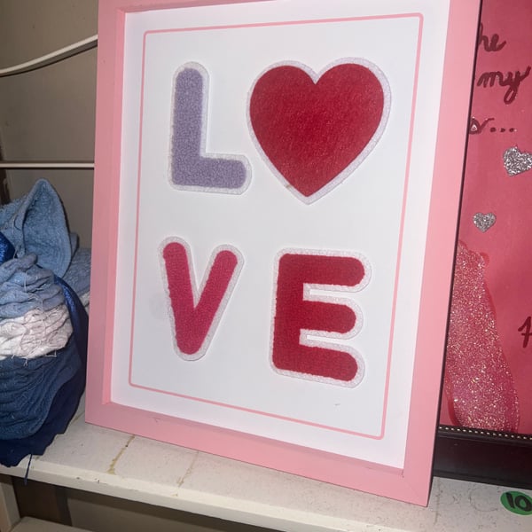 Valentine's Day Pink Framed Tabletop Sign with Chenille LOVE Patches