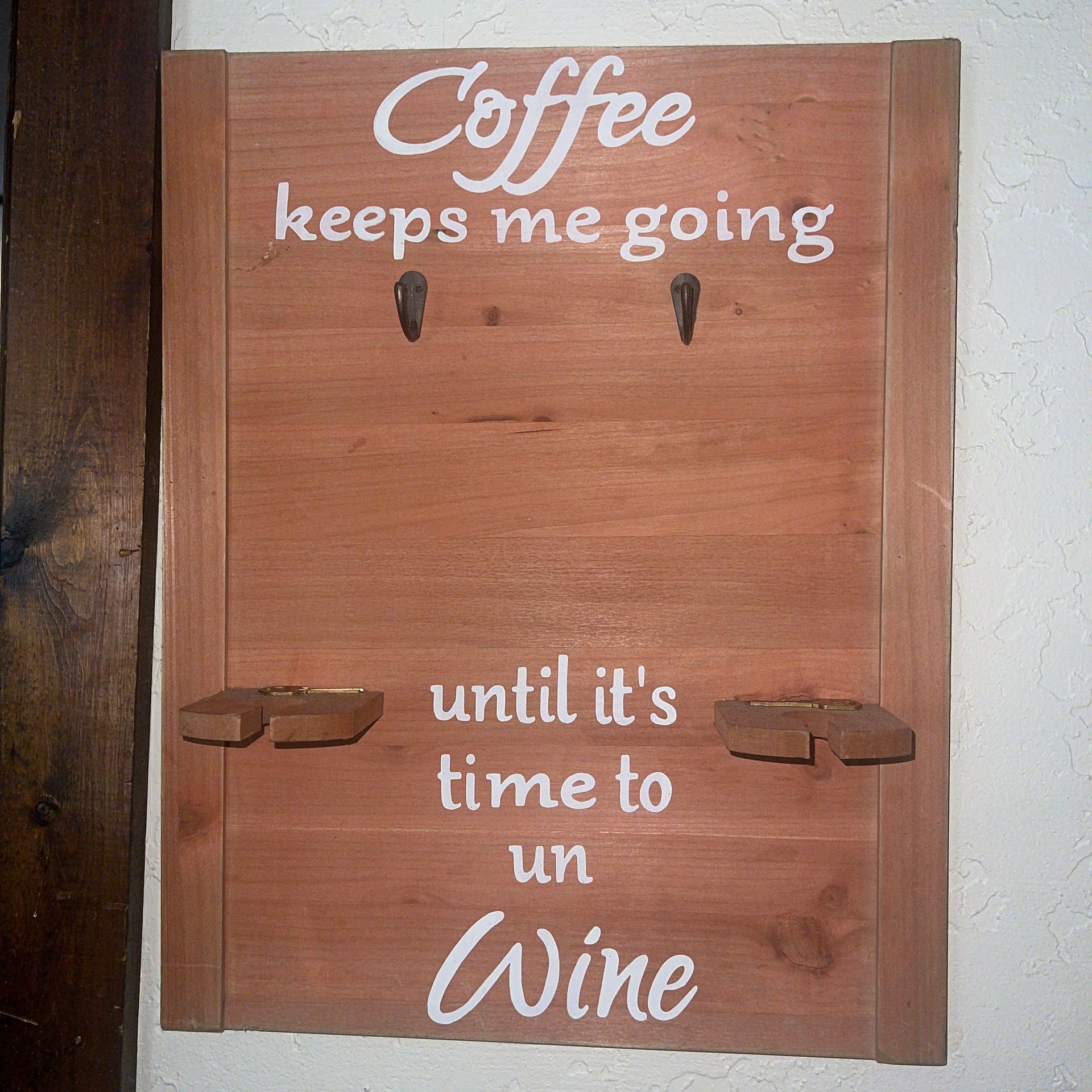 Rustic Pine Wood Coffee Mug Rack and Wine Glass Holder Wall Sign 1