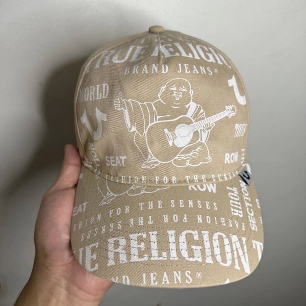 True Religion Allover Print Buddha Logo Snapback Baseball Cap in Sand Khaki