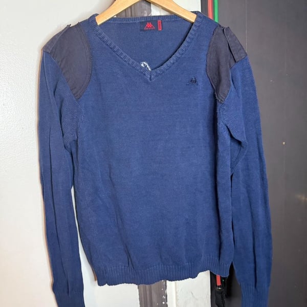 Vintage Robe di Kappa Navy Blue Commando V-Neck Sweater with Shoulder Patches M