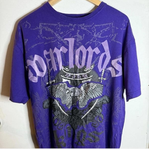 Vintage MRG Warlord Gothic Graphic T-Shirt XL Purple Y2K Rhinestone