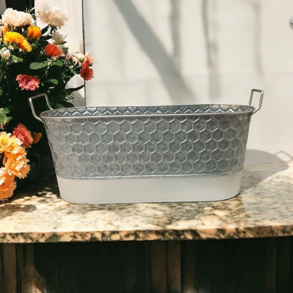 Vintage Galvanized Metal Honeycomb Planter - Farmhouse Oval Decor Tub