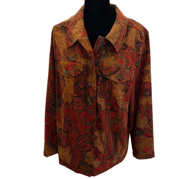 Vintage Islander Paisley Print Stretch Top, Plus Size 1X, Earth Tones Hippy Boho Blouse 