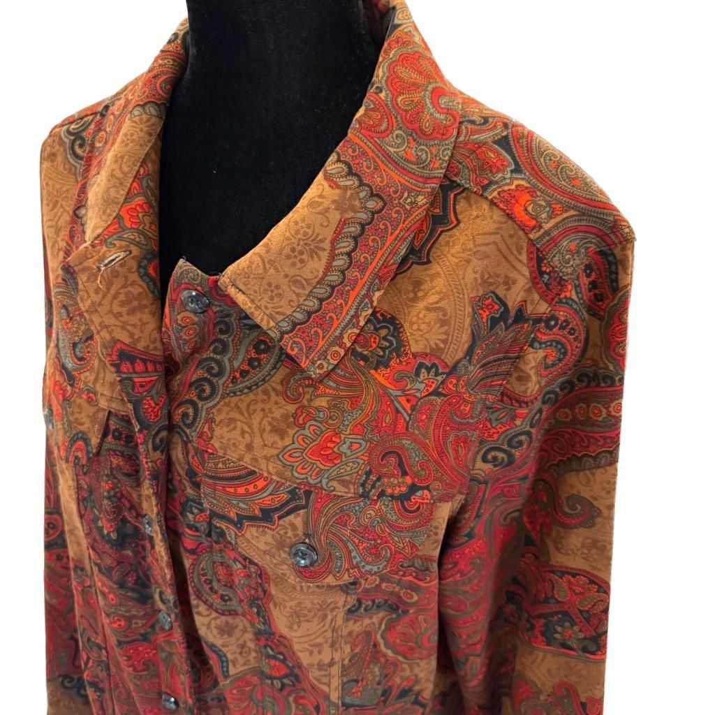 Vintage Islander Paisley Print Stretch Top, Plus Size 1X, Earth Tones Hippy Boho Blouse 3