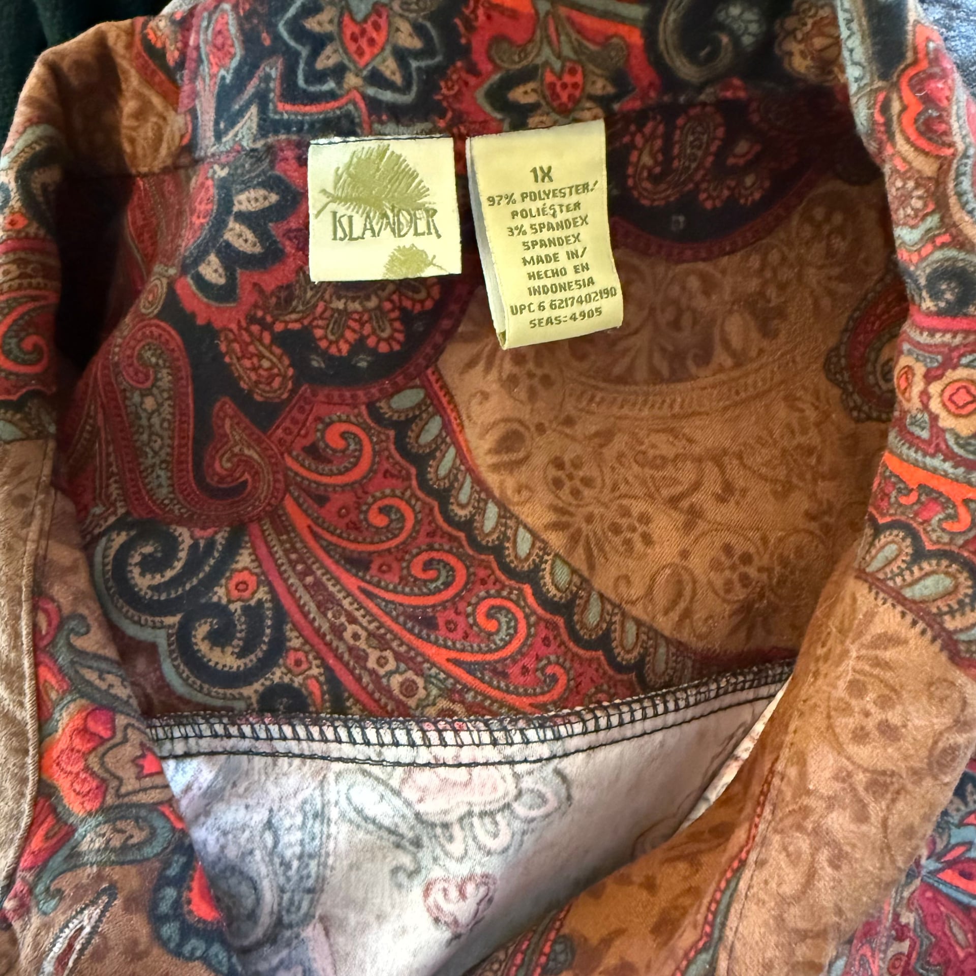 Vintage Islander Paisley Print Stretch Top, Plus Size 1X, Earth Tones Hippy Boho Blouse 5