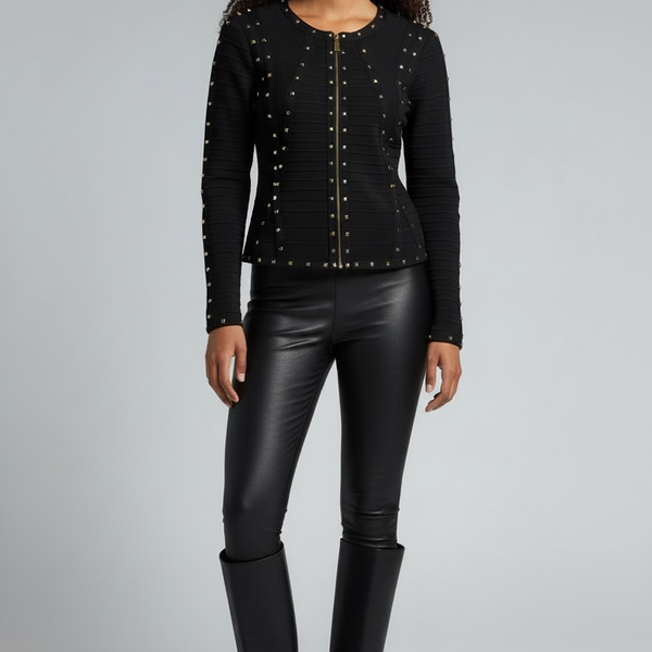 Per Se Black Banded Stud Accented Front Zip Long Sleeve Knit Jacket