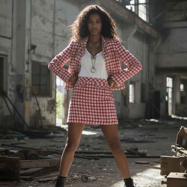 ETCETERA Red and White Plaid Gingham Tweed Blazer and Mini Skirt Set with Gold Chain Trim