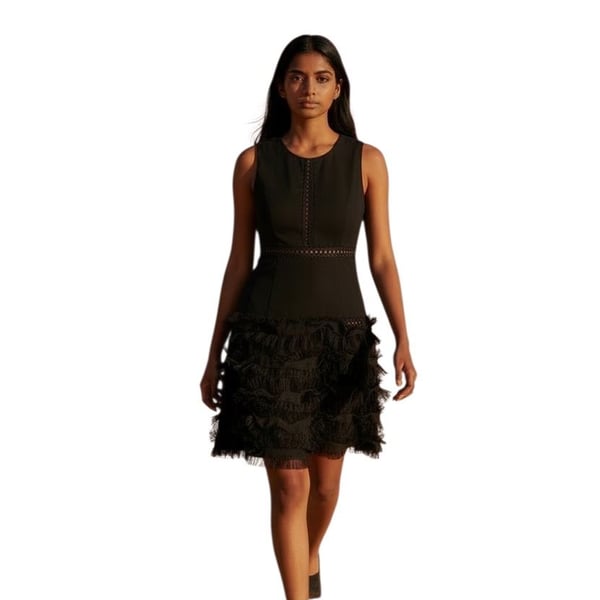 BCBGMAXAZRIA Maile Lace Crepe Ruffle Skirt Sleeveless Mini Dress in Black