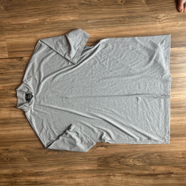 Dressed in Lala. Grey Ribbed High-Neck Mock Turtleneck, side slit T-Shirt